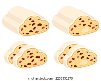 Weihnachtsstollen, traditional German Christmas sweet bread. Stollen cake slices with dried fruit and almond paste. Vector clip art illustration set.