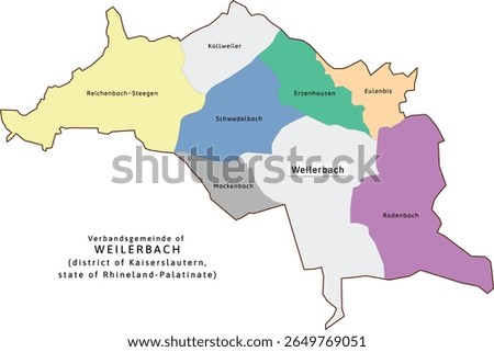 Weilerbach verbandsgemeinde map of Kaiserslautern district Rhineland-Palatinate (Rheinland-Pfalz) state in Germany. Vectored. Retro colors