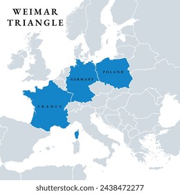 Estados miembros del Triángulo de Weimar, mapa político. Alianza regional de Francia, Alemania y Polonia, creada en 1991 en la ciudad alemana de Weimar, para promover la cooperación transfronteriza entre los países.