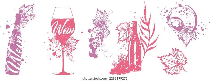 Wein Designs - Collection of wine glasses and bottles. Sketch vector illustration. Hand drawn elements for invitation cards, advertising banner and menu cards. Wine glasses with splashing wine.