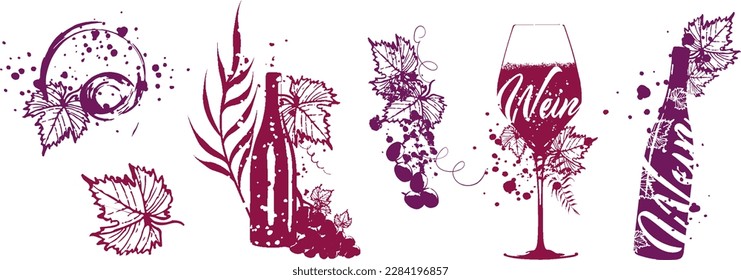 Wein Designs - Collection of wine glasses and bottles. Sketch vector illustration. Hand drawn elements for invitation cards, advertising banner and menu cards. Wine glasses with splashing wine.