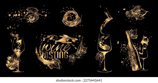 Weinprobe - Collection of wine glasses and bottles. Hand drawn elements for invitation cards, advertising banners, menus in gold style. Wine glasses with splashing wine. Sketch vector illustration.