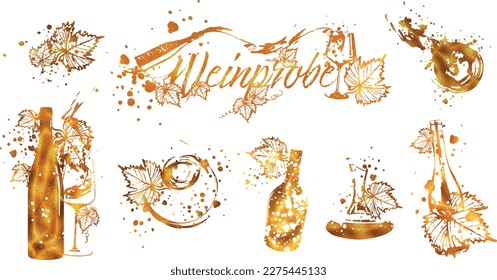 Weinprobe - Colección de vasos y botellas de vino. Elementos dibujados a mano para tarjetas de invitación, banners publicitarios, menús en estilo dorado. Gafas de vino con vino que salpica. Esbozar ilustración vectorial.