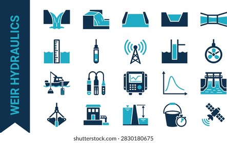 Weir gates and flow control engineering icon set. Flat vector symbol collection with notch weir, flume, gauge, probes, funnel and measuring station signs. Editable graphic design elements for water management websites, mobile apps, infographics, banners and presentations. Simple isolated pictograms in blue tones on white background.