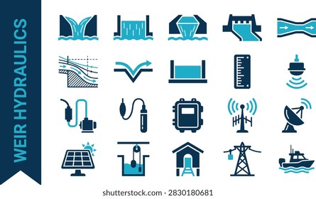Weir hydraulics and river structures icon set. Flat vector symbol collection with spillway, dam gate, pump, radio tower, boat and solar station signs. Editable graphic design elements for civil engineering websites, mobile apps, infographics, banners and presentations. Simple isolated pictograms in blue tones on white background.
