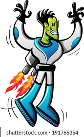 Weird alien astronaut with green skin, fancy hairstyle, pointy ears, black gloves, modern uniform and black boots while having fun, grinning and flying, being propelled by his combustion backpack