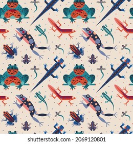 Weird amphibians seamless pattern. Quirky toads, newts and frogs from geometric shapes. Rainforest poison dart frogs and salamanders on repeating background for wallpapers, prints, and fabric design.