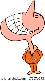 Weird bald man with a big head while looking upwards and grinning in a strange attitude between embarrassment, mischief and shyness