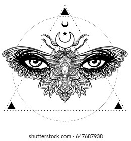 Weird beautiful moth on an girl face. Ornate decorated butterfly wings for eyes. Hand drawn vector illustration. Fantasy, occultism, tattoo art, coloring books, spirituality. Hipster print. 