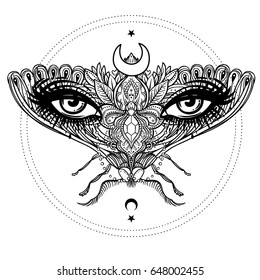 Weird beautiful moth on an girl face. Ornate decorated butterfly wings for eyes. Hand drawn vector illustration. Fantasy, occultism, tattoo art, coloring books, spirituality. Hipster print. 