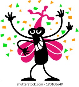 Weird black insect with bulging eyes, four wings and four arms while wearing a pink hat, grinning, partying and celebrating with confetti