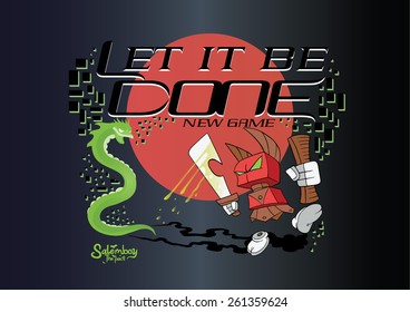 Weird cartoon character with a sword and a dragon snake