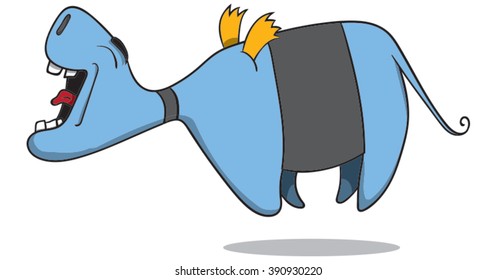 Weird cartoon hippo creature flying with small wings