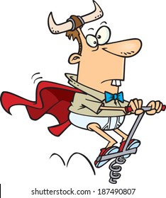 Weird Cartoon Man Bouncing On A Pogo Stick In His Underwear And A Cape