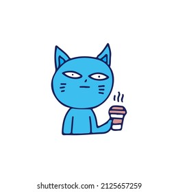 Weird cat holding cup of coffee, illustration for t-shirt, sticker, or apparel merchandise. With doodle, retro, and cartoon style.