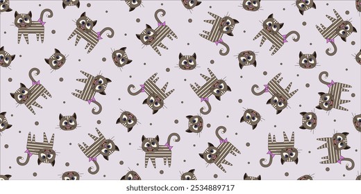 Estranho gato padrão sem emenda pode usar impressão têxtil de crianças. Design de modelo de ornamento animal. Plano de fundo sem emenda do gato vetor. EPS 10 