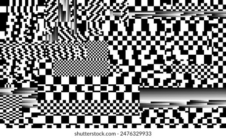 Weird Checkered Pixels Glitch Effect Abstract Background. Glitched Stripes and Random Pixels Television Screen. Distorted Glitch Effect. NO SIGNAL TV Frame Vector.