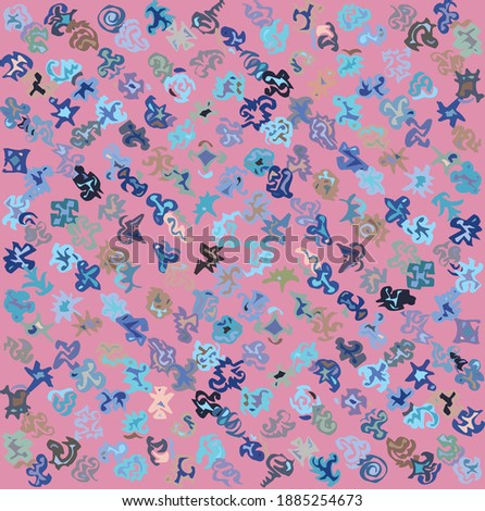 Weird colored, hand drawn small abstract shapes organized into loose grid pattern on pink color base