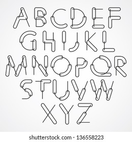 Weird constructor font, vector alphabet letters, black and white version.