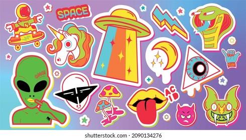 Weird, crazy background with bright, cool characters of aliens, monsters. Youth, vector, cartoon set, collection of neon stickers of astronaut, mushrooms, hand gesture, snake, lips, eyes in triangle.