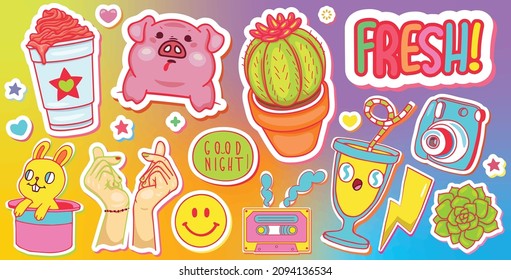 Weird, crazy background with bright gradient, cute characters of pink pig, hare. Neon, vector set, collection of trendy stickers with illustrations of cassette, cocktail, cactus, camera, smiley.