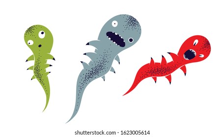 Weird creepy cartoon funny monster isolated on white vector illustration, fantastic creature of nightmare, microorganism.