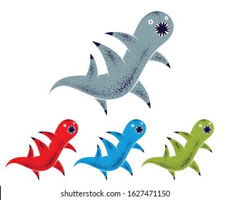 Weird creepy cartoon funny monster isolated on white vector illustration, fantastic creature of nightmare, microorganism.