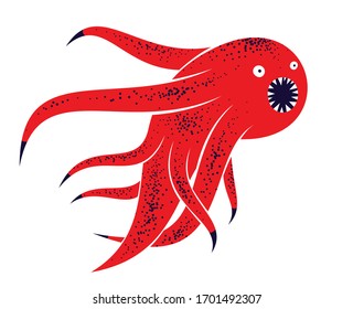 Weird creepy cartoon funny monster isolated on white vector illustration, fantastic creature of nightmare, microorganism.