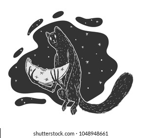 Weird cute cat demon eating moon slice. Tattoo doodle