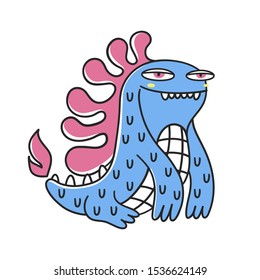 Weird cute fantastic blue monster. Cartoon character isolated on white background. Childish vector illustration in doodle style.