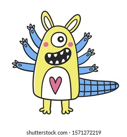 Weird cute fantastic monster. Cartoon character isolated on white background. Childish vector illustration in doodle style.