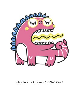 Weird cute fantastic pink monster, alien or dinosaur with glasses. Cartoon character isolated on white background. Childish vector illustration in doodle style.
