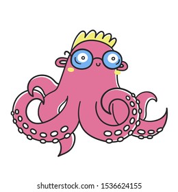 Weird cute fantastic pink monster with glasses. Funny smart octopus. Cartoon character isolated on white background. Childish vector illustration in doodle style.