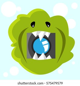 Weird cute green alien monster in cloud shape with camera inside his mouth with big teeth. Vector character idea - simple childish illustration.