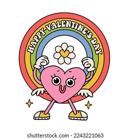 Extraño personaje de corazón lindo con arcoiris en estilo psicodélico de los años 70. Pegatina aislada hippie, groove, retro y vintage. Ilustración de contorno vectorial con texto - feliz Día de San Valentín.