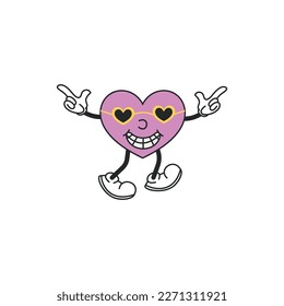 Weird cute heart character with rainbow in psychedelic 70 s style. Hippie, groove, retro and vintage isolated sticker. Vector contour illustration with text - happy Valentine s day. Eps 10