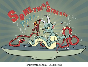 Weird devil worm handling a red snake vector drawing
