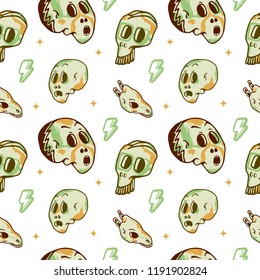 Weird doodle monster character. Skull head seamless pattern. Print design vector.