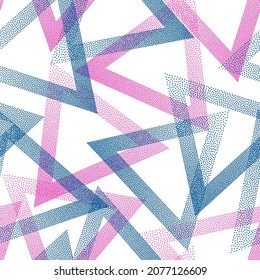Weird dotwork triangles vector seamless pattern. Geometric repeat background with dots texture. Gradient triangles of halftone dots seamless ornament. Wallpaper print.