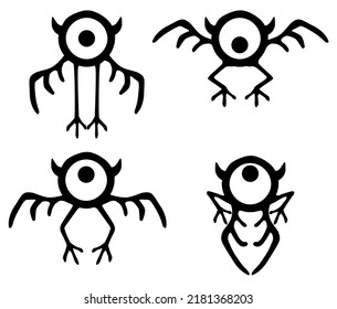 Weird eye bird fly stencil black, vector illustration, horizontal, isolated
