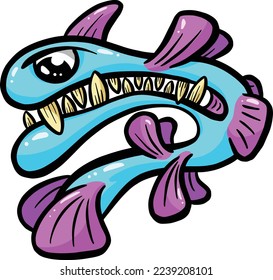 Weird Fish Deep Sea Creature with Big Teeth Cartoon Character in Vector Illustration