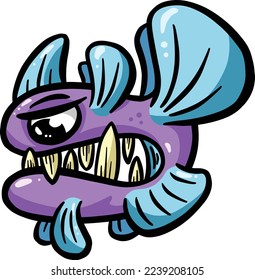 Weird Fish Deep Sea Creature with Big Teeth Cartoon Character in Vector Illustration