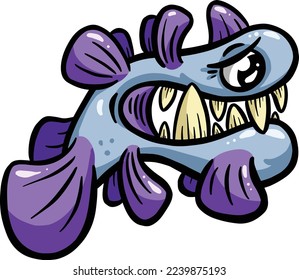 Weird Fish Deep Sea Creature with Big Teeth Cartoon Character in Vector Illustration