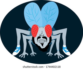 Weird fly. Insect with human face. Blue color abstract design. 