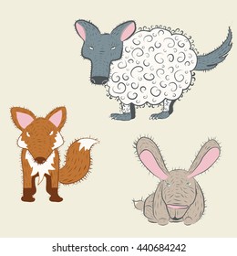 Weird forest animals set. Hand drawn and a bit crazy
