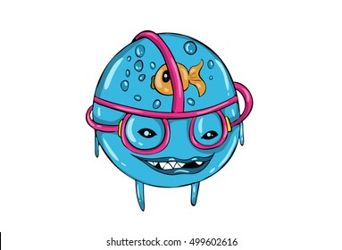 Weird and funny cartoon laughing with devil look.Aquarium in head with glasses on. . Vector illustration