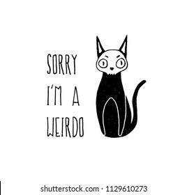 Weird funny cat print design ink drawing black on white