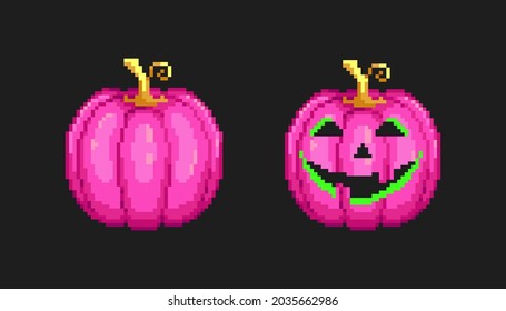 Weird and funny pixel art pink jack o lantern pumpkin. 8 bit vector.