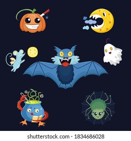 It's the weird funny vector collection of Halloween's symbols such as a pumpkin,  abat, a moon, a ghost, a spider, a cauldron. Funny scared cartoon monsters and animals are flying, smiling, conjuring.