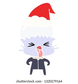 weird hand drawn flat color illustration of a alien wearing santa hat